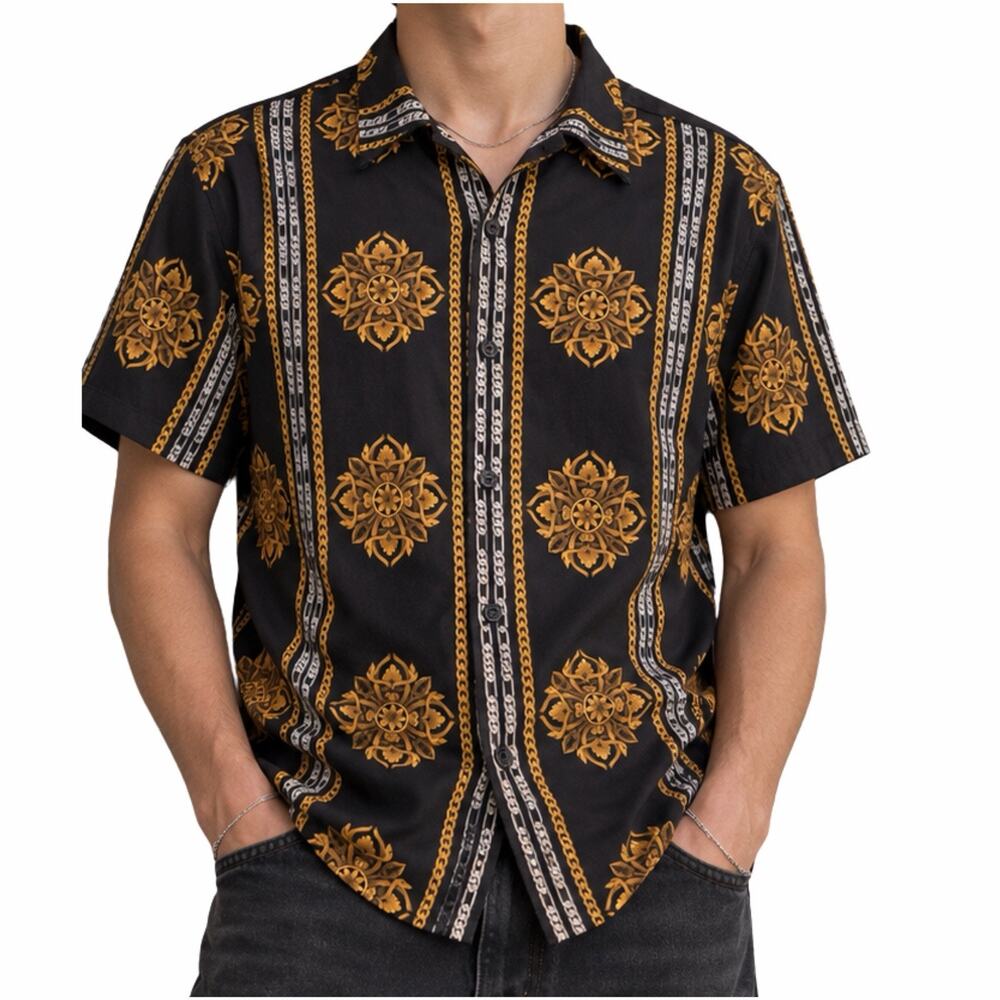 GUESS Men’s Baroque Print Shirt M Gold Burgundy Black Short Sleeve Viscose